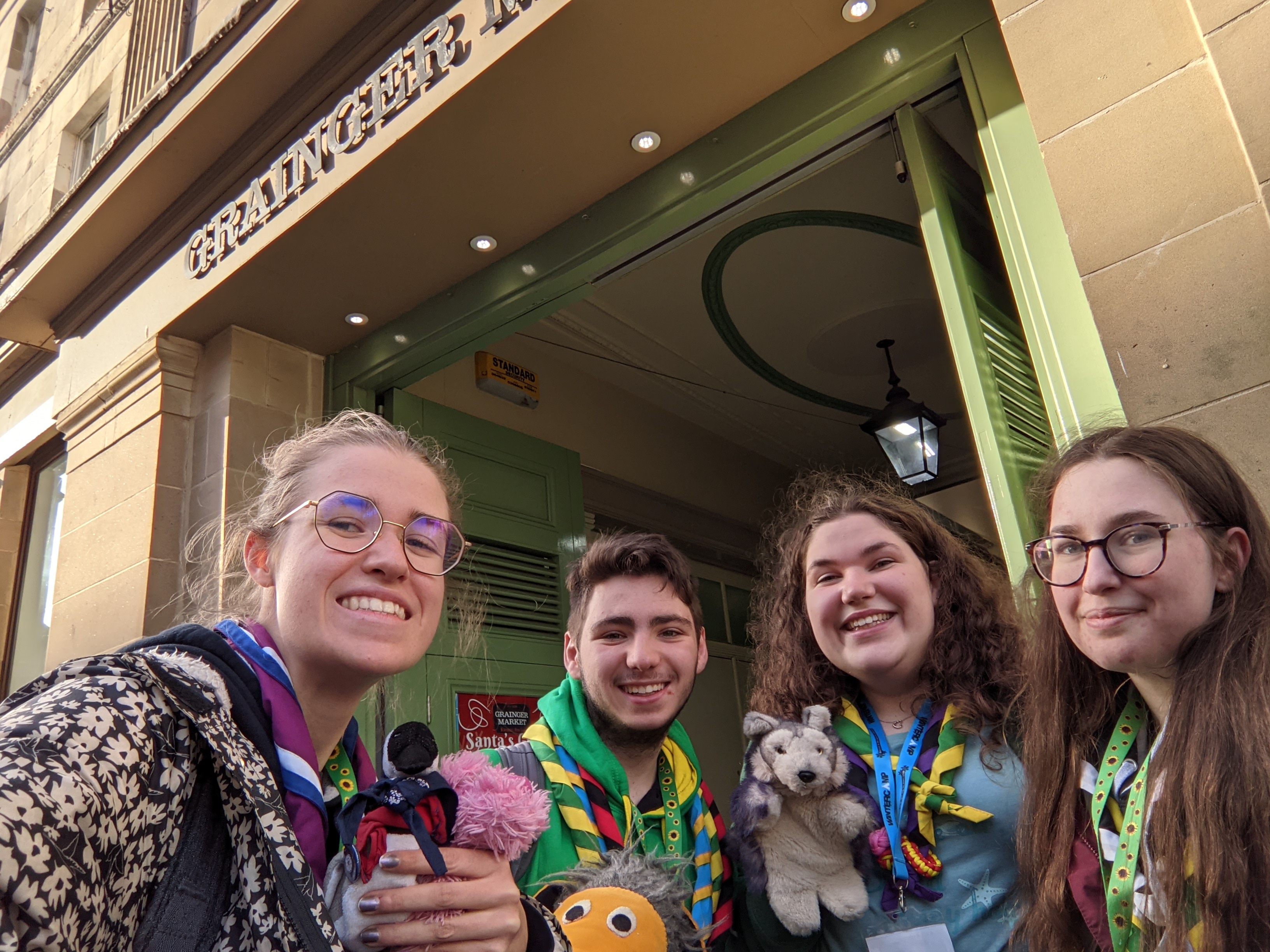 Small group photo from the Monopoly Run activity, of a team outside Grainger Market